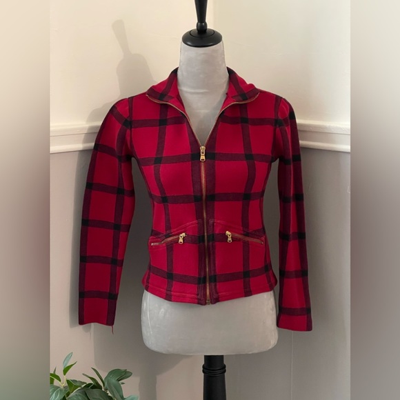 Lauren Ralph Lauren Red & Black Plaid Zip Up Sweater - Picture 1 of 9